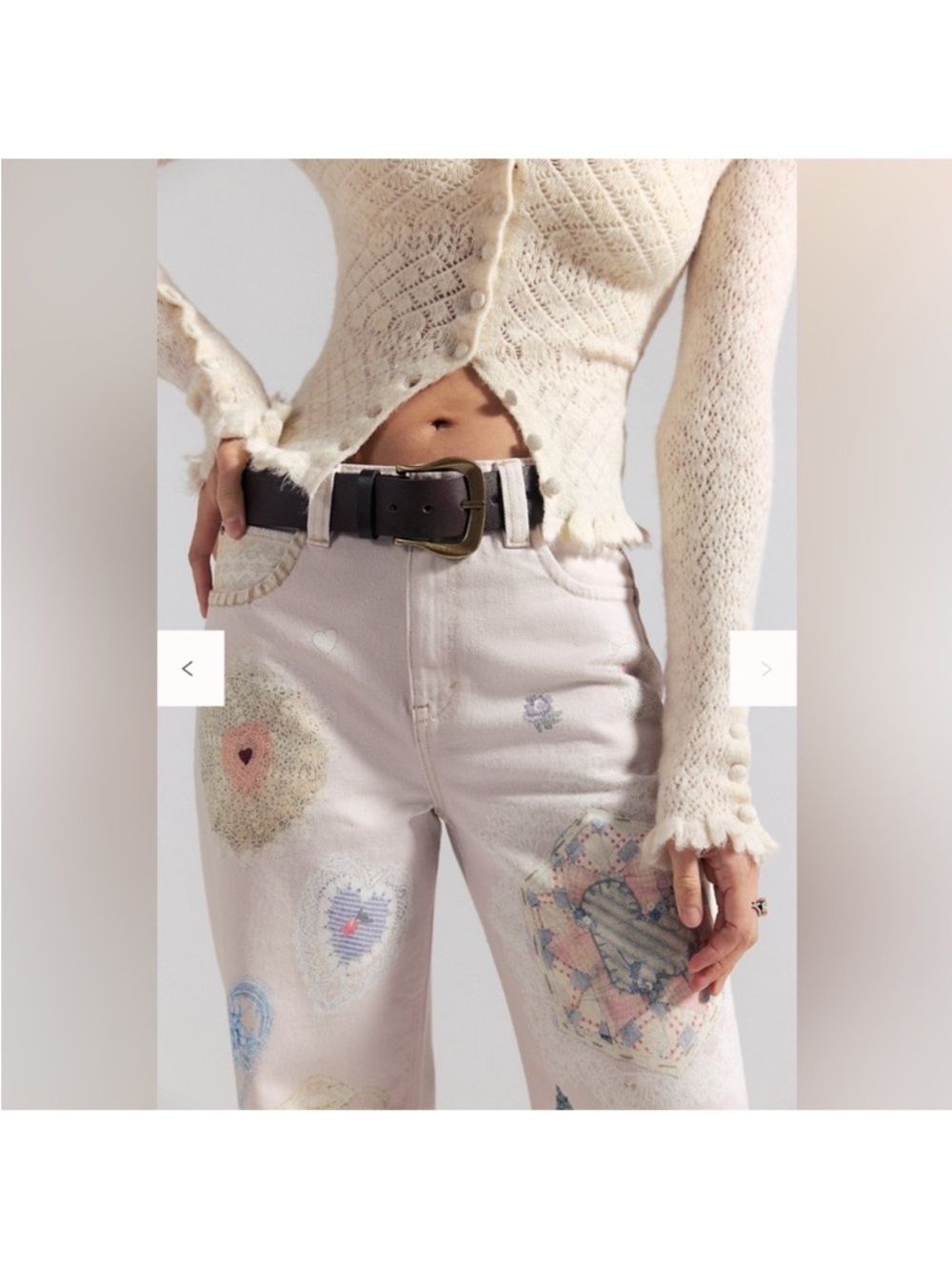 Free People Tinsley Illusion Printed Jeans- Heirloom Ivory Hearts- Size - Picture 4 of 10